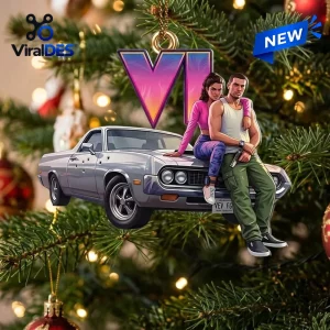 Close-up of a Grand Theft Auto VI Car Christmas Ornament hanging on a pine tree branch.