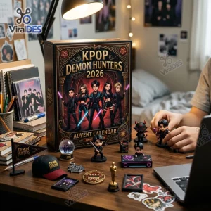Front view of the KPOP Demon Hunters 2026 Advent Calendar box displayed on a desk with various themed figurines and accessories.