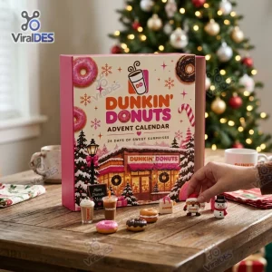 Front view of Dunkin Donuts Christmas Advent Calendar with holiday miniatures displayed on a wooden table.
