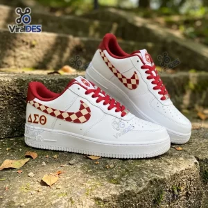 Side view of Delta Sigma Theta Custom Air Force 1 Sneaker with red and white checkered swoosh.