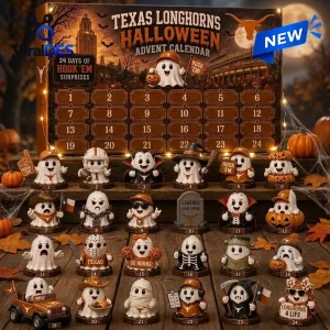 Front view of a Texas Longhorns Halloween advent calendar displaying twenty four numbered boxes and twenty four small ghost figurines.