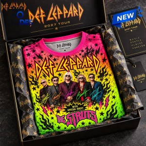 Front view of Def Leppard Goo Goo Dolls Tour Shirt in a gift box with vibrant rainbow colors and band graphics.