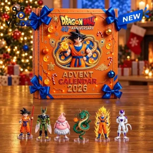 Front view of Dragon Ball 40th Anniversary Advent Calendar 2026 box with six figurines in front.