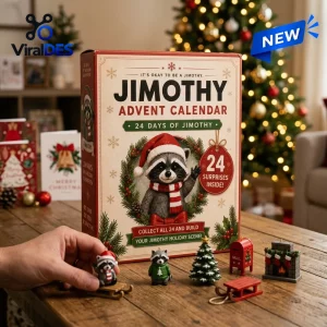 Front view of Jimothy Raccoon Christmas Advent Calendar with raccoon figurines on a wooden table.