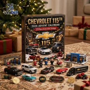 Front view of the Chevrolet 115th Anniversary Advent Calendar 2026 box with toy cars and figurines displayed on a rug.