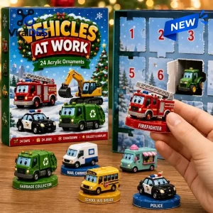 Closeup of Working Vehicles Advent Calendar box with miniature toy vehicle ornaments.