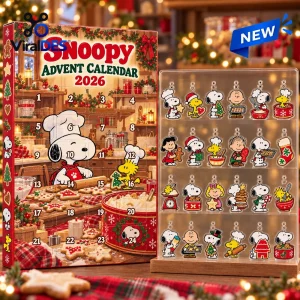 Front view of the Snoopy 2026 Advent Calendar Blind Box alongside a display case of small character figures.