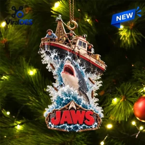 Hanging Christmas ornament featuring a great white shark attacking the fishing boat Orca amidst ocean waves.