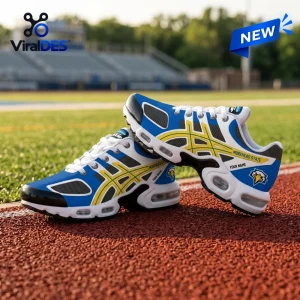 Side view of Morehead State Eagles Custom Air Max Plus Sneakers on a running track with a sports field background.