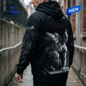 Back view of a black hoodie featuring Arkham City 15th Anniversary graphics.