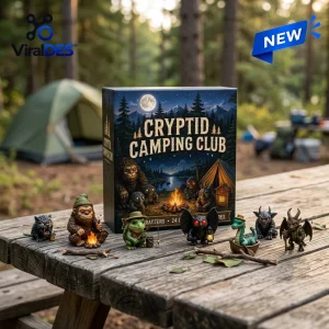 Front view of Cryptid Camping Club Advent Calendar 2026 box with miniature figures on picnic table.