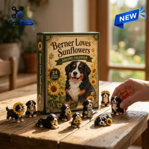 Front view of Berner Loves Sunflowers Advent Calendar 2026 box with miniature dog figurines on a wooden table.