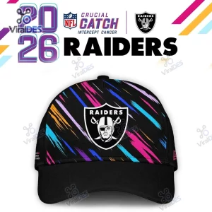 Front view of the Las Vegas Raiders NFL Crucial Catch 2026 Black Cap featuring a shield logo and multicolored brushstroke pattern.