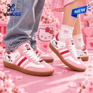 Lifestyle view of Hello Kitty x Adidas Samba Pink Sneakers worn with pink and white themed attire.