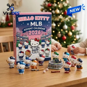 Front view of the MLB x Hello Kitty 2026 Advent Calendar box surrounded by figurine toys on a wooden table.