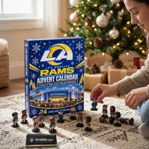 Woman setting up Los Angeles Rams 2026 Advent Calendar figures on carpet near a decorated tree.