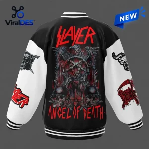 Back view of the Slayer Angel Of Death Baseball Varsity Jacket with red text, skulls, and a large pentagram design.