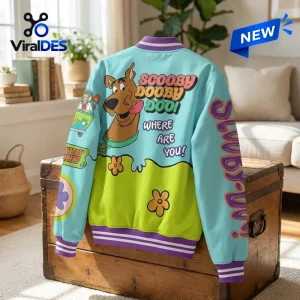 Back view of the Scooby Doo Mystery Machine Varsity Jacket featuring a large character graphic and text.