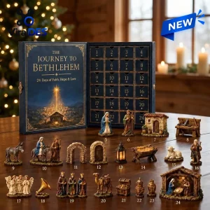Front view of The Journey to Bethlehem Advent Calendar 2026 with numbered boxes and figurines.