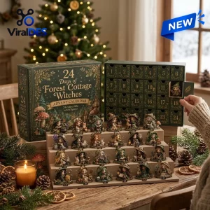 Front view of Forest Cottage Witches Advent Calendar with numbered boxes and displayed figures.