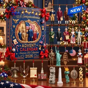 Front view of America 250 Semiquincentennial 2026 Advent Calendar box alongside displayed historical figurines.