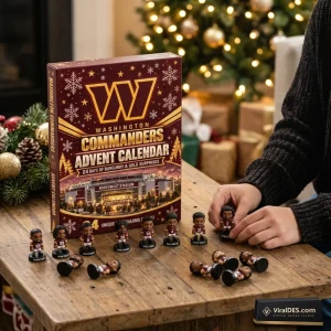 Front view of the Washington Commanders 2026 Advent Calendar box on a wooden table with figurine toys.