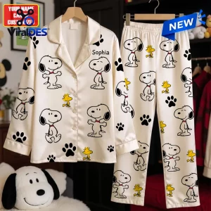 Front view of personalized cartoon dog print pajama set with long sleeves and pants.