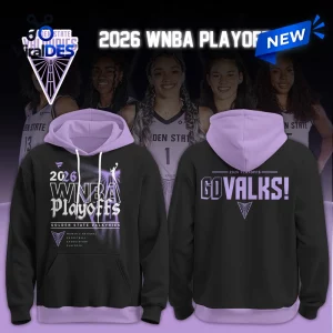 Front and back view of the Golden State Valkyries 2026 WNBA Playoff Black Hoodie featuring purple accents and team graphics.