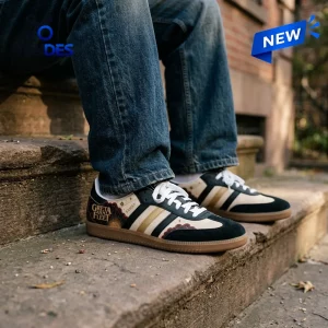 Lifestyle view of Greta Van Fleet Adidas Samba Sneakers worn with blue jeans on concrete steps.