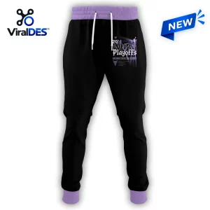 Front view of black sweatpants with purple waistband, cuffs, and 2026 WNBA Playoffs graphic.