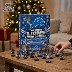 Front view of Detroit Lions NFL Advent Calendar 2026 with miniature figurines on a wooden table.