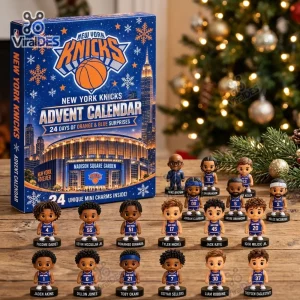 Front view of New York Knicks advent calendar box displayed with eighteen mini figurines on a table.