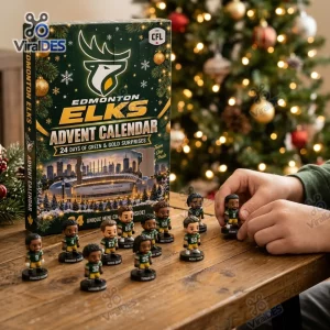 Front view of Edmonton Elks advent calendar box with miniature figures on table.