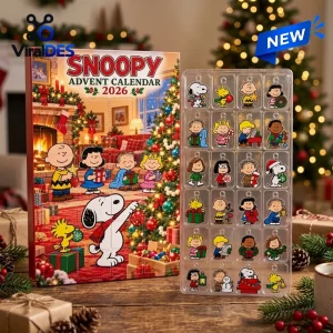 Front view of a Snoopy Peanuts Christmas Advent Calendar with character charms and festive box.