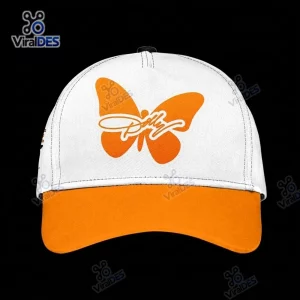 Front view of white cap with orange brim and orange butterfly graphic.