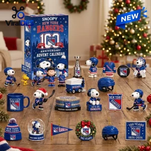 Front view of the Snoopy x New York Rangers 100th Anniversary Advent Calendar with toy figures displayed.
