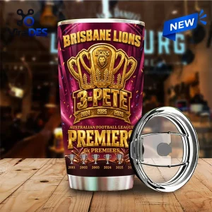 Front view of Brisbane Lions Threepeat Premiers Travel Tumbler Cup with gold trophy graphic.
