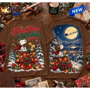 Front and back views of brown Snoopy Woodstock Flying Home Christmas T-Shirt with holiday doghouse graphics.