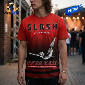 Front view of the Slash Myles Kennedy World Tour 2027 Shirt in red featuring a diver graphic.