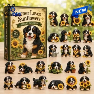 Front view of the Berner Loves Sunflowers Advent Calendar 2026 box alongside twenty-four puppy figurines.
