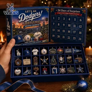 Open Los Angeles Dodgers Baseball Advent Calendar revealing twenty four numbered compartments filled with small sports ornaments.