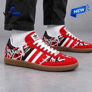 Side view of Adidas Samba Van Halen Custom Sneakers in red, black, and white with gum soles worn with white socks.