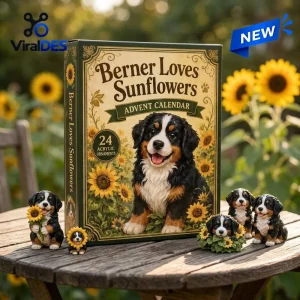 Front view of Berner Loves Sunflowers Advent Calendar 2026 box with matching dog figurines on a wooden table outdoors.