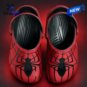 Top down view of Red Spider Web Black Clogs with black spider and web graphic.