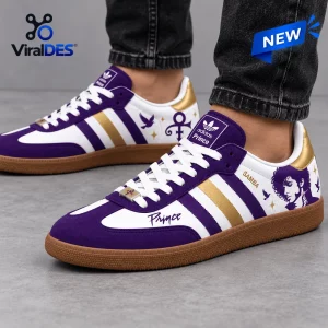 Side view of Adidas Prince Purple Rain Samba Shoes worn with dark jeans.