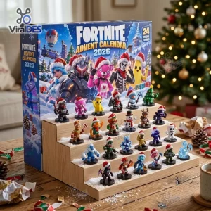 Front view of Fortnite Advent Calendar 2026 box with a wooden display stand featuring twenty-four miniature figurines.