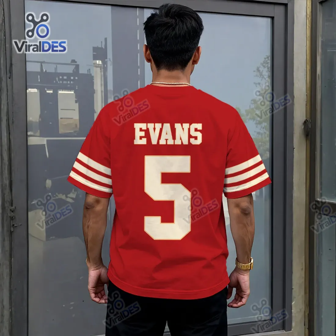 Back view of the San Francisco 49ers Mike Evans Red Shirt displaying EVANS and number 5 in cream-gold block print