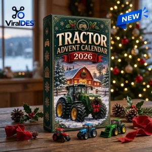 Front view of the Tractor Advent Calendar 2026 box on a wooden table with mini tractor toys and pinecones.