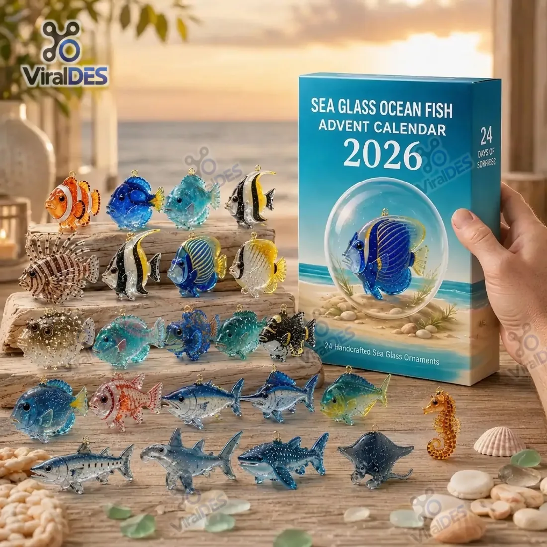 Complete 24-piece Sea Glass Ocean Fish Advent Calendar 2026 lineup arranged on tiered coastal driftwood