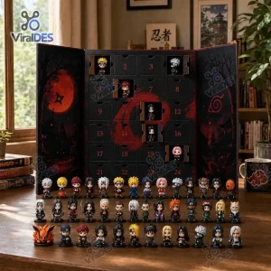 Front view of an open Naruto Advent Calendar 2026 with numbered boxes and collectible mini figurines displayed in front.